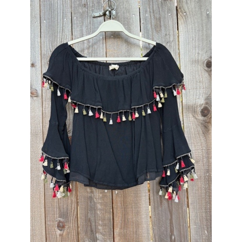 Altar'd State Black Off Shoulder Bell‎ Sleeve Tassel Bohemian Top Medium